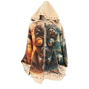 Stray All Over Graphic Burning Man Full Zip Bone Hoodie L Festival Neo Futurism